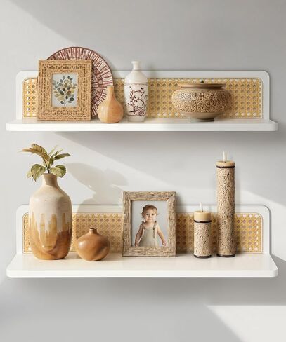 Rattan Wall Shelf 16inch Set of 2, Handmade Floating Shelves Boho Wall Decor, Rustic Wood Wall Mounted Storage Shelves for Living Room Nursery Bedroom in Saudi Arabia