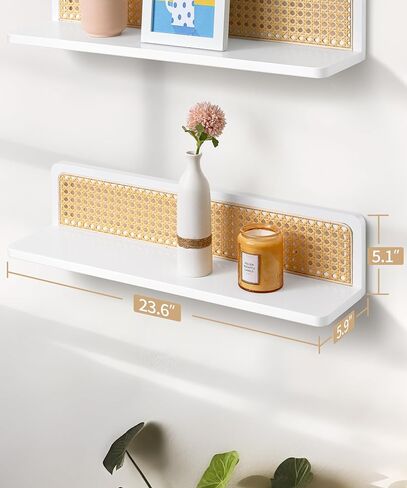 Rattan Wall Shelf 16inch Set of 2, Handmade Floating Shelves Boho Wall Decor, Rustic Wood Wall Mounted Storage Shelves for Living Room Nursery Bedroom in Saudi Arabia