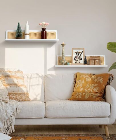 Rattan Wall Shelf 16inch Set of 2, Handmade Floating Shelves Boho Wall Decor, Rustic Wood Wall Mounted Storage Shelves for Living Room Nursery Bedroom in Saudi Arabia