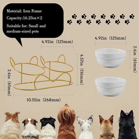 Raised Cat Food Double Bowls with Gold Iron Stand Neck and Whisker Friendly for Small Cats and Puppies Anti-Slip in Saudi Arabia