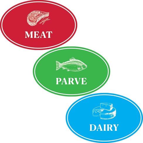The Dreidel Company Kosher Labels, 8 Blue Dairy, 8 Red Meat, 8 Green Parve Stickers, Ovenproof Upto 500°, Freezable, Microwavable, Dishwasher Safe, English, Color Coded Kitchen Tools (Rectangle) in Saudi Arabia