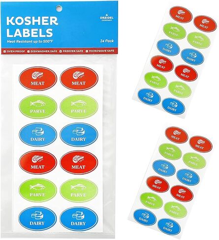 The Dreidel Company Kosher Labels, 8 Blue Dairy, 8 Red Meat, 8 Green Parve Stickers, Ovenproof Upto 500°, Freezable, Microwavable, Dishwasher Safe, English, Color Coded Kitchen Tools (Rectangle) in Saudi Arabia