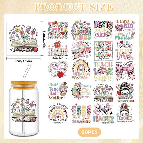 UV DTF CUP WRAP TRANSP ملصقات: 20 PCS TESSERATED UV DTF CUP لفات زجاجة مياه زجاجية 16 أوقية ، ملصق UVDTF ملون ، اقتباسات ملهمة فرك على النقل ، DIY CRAFT HOPTS in Kuwait