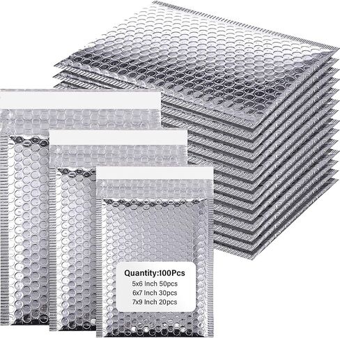 100 Pack Bubble Mailers, 3 Sizes Padded Mailing Envelopes for Business Self Adhesive Foil Bubble Shipping Bag Cushion Delivery Mailer for Mailing Packing Jewelry Book (Rose Gold,Holographic) in Saudi Arabia
