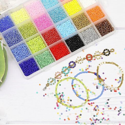 Tibaoffy Size 8/0 Crafts Glass Seed Beads 3mm and Craft Striped Seed Beads 3mm and 4mm Assorted Kit with Organizer Box for Jewelry Making (48 Assorted Multicolor Set, Total About 13920pcs) in Kuwait