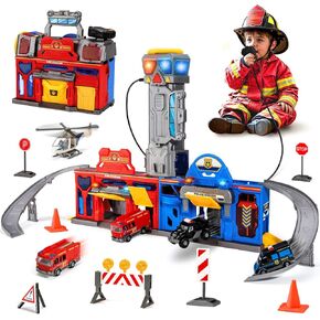 Police & Fire Station Transform Track Sets for Boys 3 4 5 6, Foldable Large City Action Playset with Light, Sounds, Walkie-Talkie, Cars and Helicopter, Birthday Gifts for Kid Boys 3-5,4-6