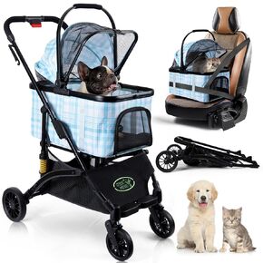Collapsible Pet Stroller with Suspension for Small/Medium Cats/Dogs. 3 in 1 Folding Stroller with Phone/Bottle Holder and Rain Cover, Car Seat and Storage Basket