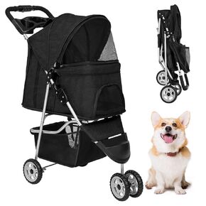 FDW 3 Wheels Pet Stroller Folding Dog Cat Jogger Stroller with Storage Basket &Cup Holder Portable Lightweight Travel Carrier, Grey