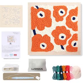 Embroidery Punch Needle Kit Frame, Punch Needle Kits Adults Beginner, Embroidery Starter Kit, Needle Punch Tool with 9.8x9.8in Punch Needles Fabric with Pattern, Threader, Yarns, Pinch Needle (Orange)