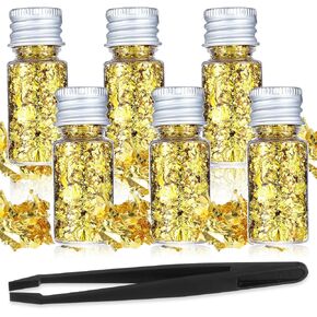 6Pcs Decorative Gold Leaf, Multifunction Gold Leaf Cake Decoration Baking Foil Decor for Cooking Dessert Steak Decoration Crafts Makeup Leaves with Plastic Tweezers