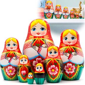 AEVVV Russian Nesting Dolls Set of 7 pcs - Matryoshka Doll in Belarussian Traditional Sarafan Dress with Ornaments - Handmade Baboushka Nesting Dolls