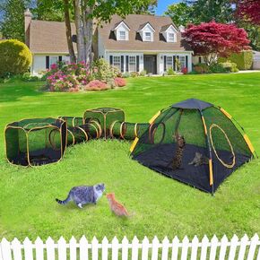 Lucky Monet 6-in-1 في الهواء الطلق حاويات القطط الداخلية ، وخيام القطط الشبكية المحمولة ونفق للحيوانات الأليفة المغلقة في الهواء الطلق مع الأنفاق للقطط الأرانب الجرو جرو