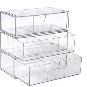 Hipiwe Acrylic Storage Murers 3 مستويات قابلة للتكديس ماكياج منظم القطن مسحات Qtip لحامل Vanity Cosmetics لوازم المكاتب الواضحة منظم سطح المكتب مع فواصل قابلة للإزالة