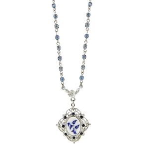 1928 Jewelry Blue Willow Blue Beaded Chain Oval Drop Pendant Necklace 16" + 3" Extender For Women, Vintage Romantic Chinese Ceramic And Porcelain Love Story Inspired Design, Made In USA