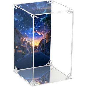CHILLCASE UV Printed Background Acrylic Display Case with Mirror Base Anime Scene Clear Display Box Stand for Collectible Showcase for Action Figures Models PVC（Night,5.9×5.9×9.8 inch
