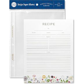 Jot & Mark Recipe Card Paper Full Page 8.5x11 with Crystal Clear Page Protectors for 3 Ring Binder, 30 Count (Pinwheel Floral)