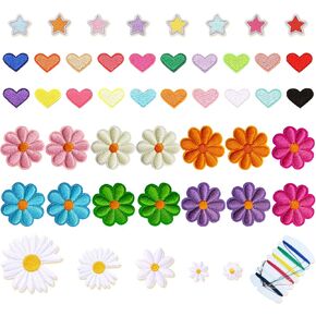 47Pcs Colorful Flower Iron on Patches, Cute Daisy Flower Star Heart Applique Patch, Sew On Embroidered Applique Sewing Patches for Clothing Jackets Jeans Pants Hats Backpacks
