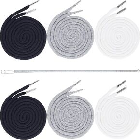 6pcs سلك الرباط مع أداة threader سهلة ، 57.4 "سروالت سروالا البديل الحبل البديل ، سلسلة هوديي polycotton ناعمة للرجال والنساء- بالأبيض والأسود والرمادي