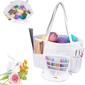 Crochet Bag Organizer for Yarn Storage,Crochet Storage Bag,Corduroy Yarn Bag,Yarn Holder for Crocheting,Crochet Accessories,Used to Organize Yarn,Crochet Hooks,Ideal Gift for Crochet Lovers (White)