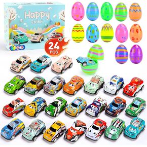 Roicaholy 24 Count Prefilled Easter Eggs with Pull-Back Cars Inside - Fun Easter Egg Hunt Toys for Kids Toddler, Plastic Eggs filled with Toys, Bonus Storage Pouch