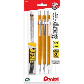 Pentel Sharp 0.9 قلم رصاص ميكانيكي P209 - برميل أصفر - خط غامق - حزمة من 2 أقلام الصياغة مع عبوات الرصاص والممحاة
