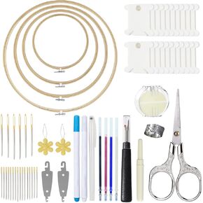 INFNZOLI Cross Stitch Kit Complete Embroidery Supplies with Hoop, Sewing Scissors, Seam Ripper,Fabric Pen, Thread Wax,Floss bobbins, Needles and Threader (Silvery)