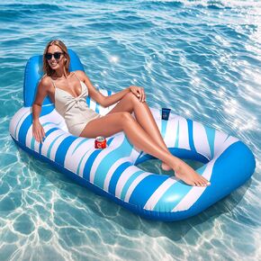 Pool Floats Adult - Inflatable Tanning Pool, Extra Large Pool Floats for Adults Heavy Duty Water Floaty with Backrest, Footrest & Cup Holder for River Lake Floaties Water Floats