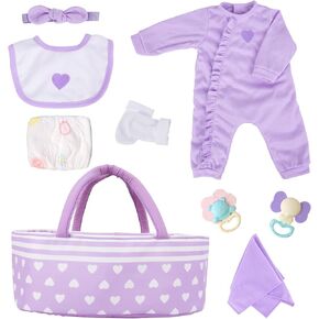 AORI 9 PCS Reborn Baby Dolls ملابس مع ستوريت لدمية الطفل 17-22 بوصة ، وسرير الناقل الأرجواني وملحقات ملابس الطفل الملحق
