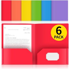 Plastic Folders with Pockets(6 Pack, Assorted Colors) - Durable Heavy Duty 2 Pocket Folder with Business Card Slot, Accommodate Letter Size, for School, Office, or Home Organizing Documents.