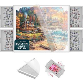 1500 Piece Aluminum Jigsaw Puzzle Board - 360° Rotating Jigsaw Puzzle Table with Drawers | 35" X 28" Portable & Dual Sided Board | Plastic Cover Included - Puzzles Tables for Adults
