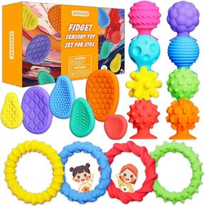 Fidget Sensory Toys for Kids Toddlers, 18 Pack Soft Textured Squishy Stress Relief Toys - Stretchy Fidget Bracelet, Textured Suction Cup Ball, Sensory Stone - Calm Down Toy for Autism Special Needs