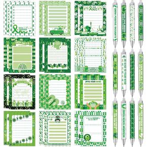 Eaasty 48 Pcs Mental Health Awareness Items Gifts Set Green Ribbon Notepad with Pens 24 Notebook Memo Pad 24 Ballpoint Pen for Women School Fundraising Event Supplies