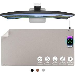 EyStech ™ Wireless Charging Desk Pad 2-in-1 Premium Leather Leather Mouse Mouse for Office Home Work Computer لوحة مفاتيح الشاحن لأجهزة iPhone Android AirPods Smartwatches (Gray-R) (36 '× 17' ')