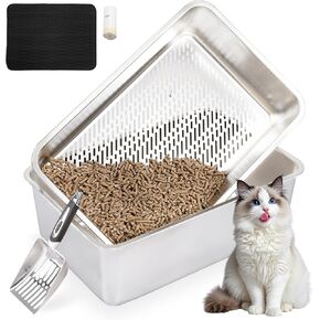 23.6"Lx16"Wx8"H Stainless Steel Sifting Litter Box for Wood Pine Pellets,Metal Sifter Litter Pan for Big Cats, Odorless,Easy Cleanning, Stainless Steel Litter Box XL with Metal Scoop and Mat