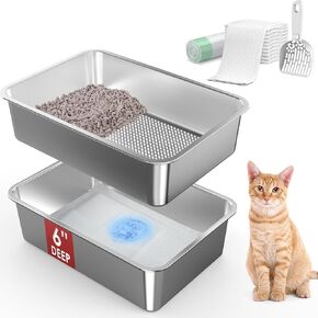 19.7''x13.8''x6'' Stainless Steel Sifting Litter Box for Pine Pellets, Stainless Steel Litter Box for Sifter Litter Pan System, Metal Litter Tray with Pee Pad and Scoop, Odor Control, Easy Cleaning