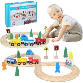 مجموعات قطار Montessori للأطفال الصغار 33pcs المسارات الخشبية تناسب Brio Ikea Thomas Melissa و Doug ، لعبة قطار هدايا تعليمية للأطفال 3 4 5 6 سنوات الفتيات والفتيان
