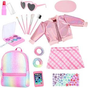 Ecore Fun 17-Piece 18 Inch Doll Accessories Cosmetic Set with Backpack & Outfits | Pretend Play Makeup Kit for 18" Dolls | Includes Lipstick, Eyeshadow, Brushes, Accessories & Stylish Clothes
