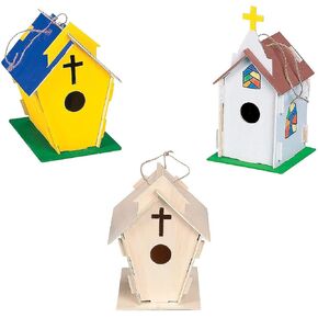 Fun Express Express Diy Beautiful Church Birdhouses Craft Kit - قم برسم نشاطك الفني الإبداعي للأطفال أحداث Sunday School School & Church - متعة تعليمية ومشاركة في مشاريع جماعية - 12 قطعة