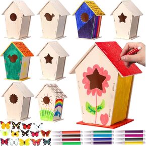 outus 12 pcs مجموعة كبيرة من الطيور الخشبية DIY ، 5 × 7 بوصات من الطائر غير المكتملة للأطفال مع الأطفال مع القلم المائي وهدايا ملصقات الفراشة 4 أشكال بيرد هاوس الصيفية في الهواء الطلق (رائعة)