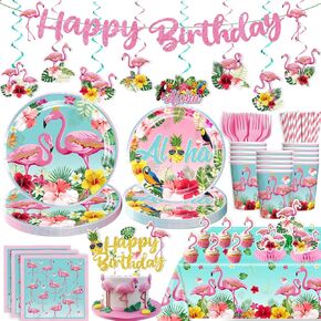 179pcs زخارف عيد ميلاد Flamingo ، مجموعة أدوات طاولة كبيرة تتضمن لوحات الورق 2 أغطية كب كيك ، مناسبة لحفلات الفلامنغو الصيفية الاستوائية والموظية.
