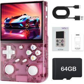 G350 Retro Handheld Game Console 3.5 بوصة 640*480 IPS OCA Screen 3200mAh بطارية الليثيوم مع بطاقة 64G TF و Networt اللاسلكية المحمولة Console متعددة المحاكاة الكلاسيكية-ترانسارك سوداء