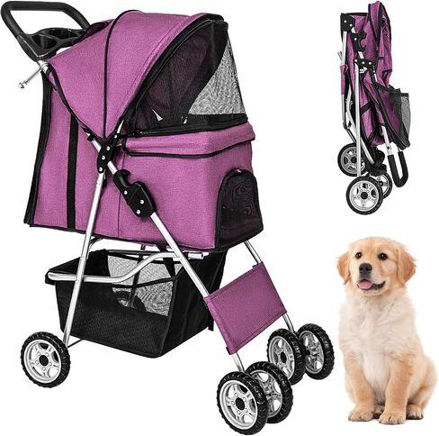 FDW 3 Wheels Pet Stroller Folding Dog Cat Jogger Stroller with Storage Basket &Cup Holder Portable Lightweight Travel Carrier, Grey in Kuwait