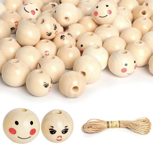 100 Pcs Wooden Beads,20mm Smiley Wooden Beads,Smile Face Wooden Beads,Wooden Beads for Crafts - Large Round Wood Beads for DIY Crafts, Bracelets, Necklaces, Jewelry Making Supplies in Saudi Arabia