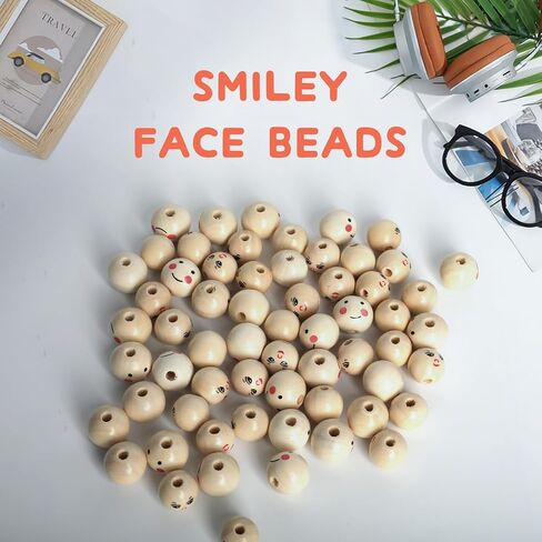 100 Pcs Wooden Beads,20mm Smiley Wooden Beads,Smile Face Wooden Beads,Wooden Beads for Crafts - Large Round Wood Beads for DIY Crafts, Bracelets, Necklaces, Jewelry Making Supplies in Saudi Arabia