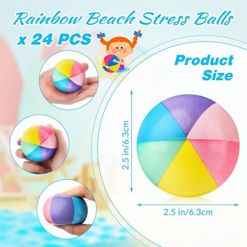 Jerify 24 قطعة من كرات ضغط الشاطئ الصغيرة مقاس 2.5 بوصة من إسفنج البولي يوريثان لتخفيف الضغط، كرة صغيرة بألوان قوس قزح وتفجير كرات الشاطئ للفتيات والأولاد وأعياد الميلاد وحفلات هاواي المفضلة للألعاب المائية الصيفية (لون كلاسيكي) in Kuwait