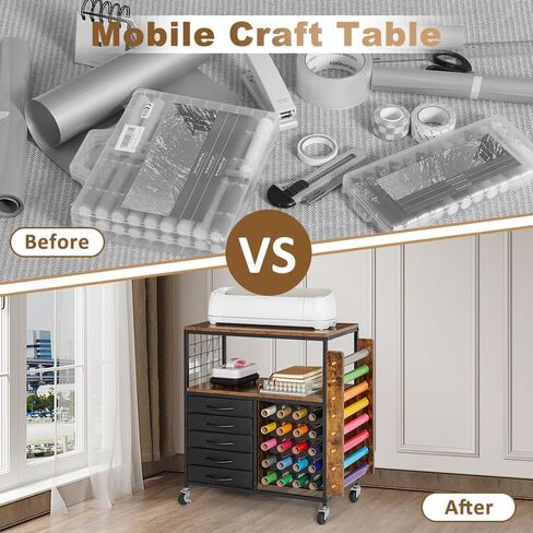 LUCKUP Organization and Storage Craft Table for Cricut Machines, Rolling Cart Cabinet with 28 Vinyl Roll Holders and 5 Drawers, Heat Press Stand Crafting Storage Cart with Hooks, Black (Black) in Kuwait