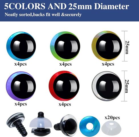 40Pcs 3D Glitter Safety Eyes and Washers for Crochet - Thalinfayi 25mm 5Colors Laser Moon Crochet Amigurumi Eyes Strabismus Safety Eyes for Amigurumi, Crafts, Crochet Doll DIY Making Supplies in Saudi Arabia