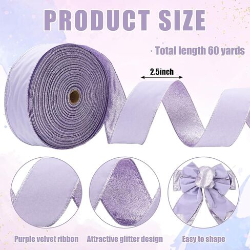 60 Yard Purple Velvet Wired Edge Ribbon 2.5 Inch Double Sided Glitter Ribbon for DIY Crafts Wrapping Wreath Bow Making Supplies in Kuwait