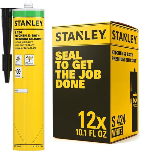 Stanley Premium Kitchen & Bathroom, 1x10.1 fl.oz. White, 100% Silicone Caulk - Low Odor, UV Protection, 100% Waterproof Sealant and Adhesive for Kitchen and Bathroom, Window & Door and Glazing, 1 Pack in Kuwait
