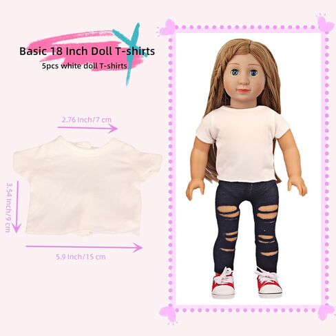 5 Pcs Doll T-Shirts for 18 Inch Dolls, Summer Outfit Doll Clothes Doll Accessories, Short Sleeved T-Shirts Classical Tee Fit for 18 Inch Doll - 5 Pcs White T-Shirts in Saudi Arabia